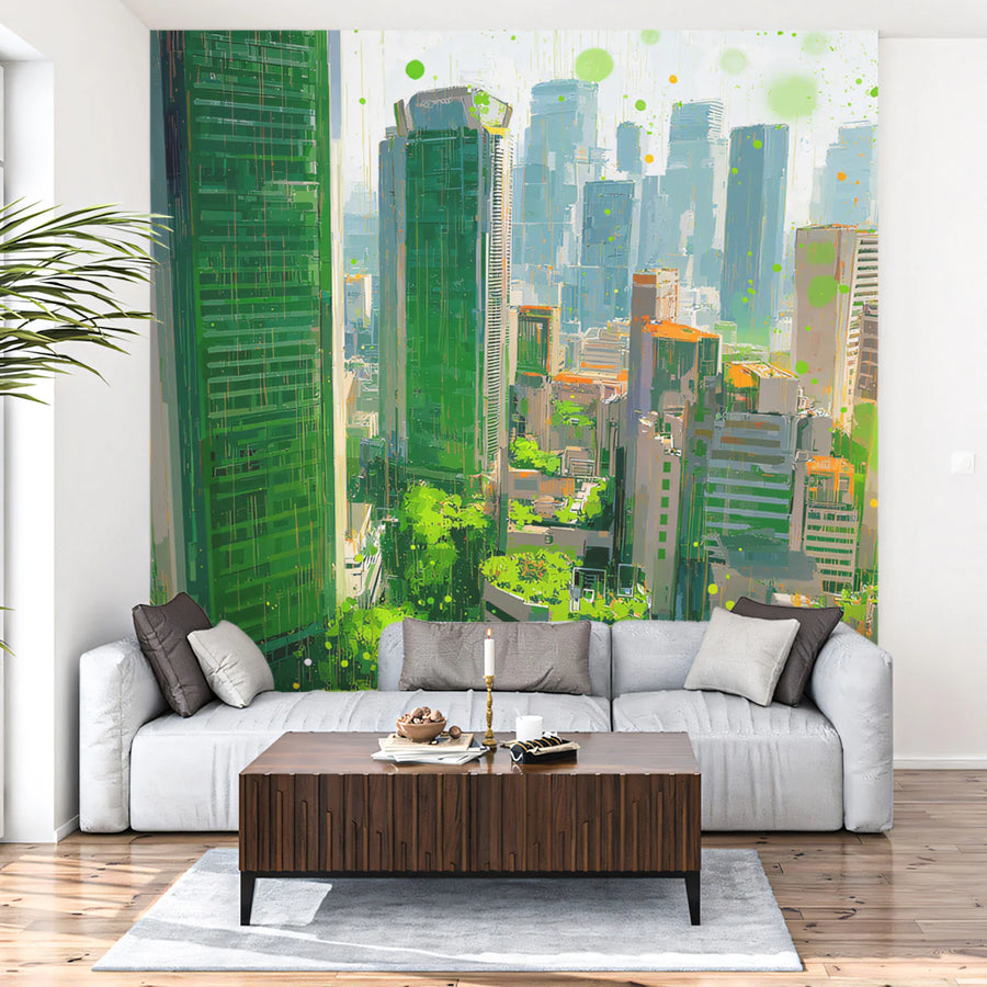 Abstract Urban Jungle Mural Wallpaper — Painterly City Skyline Art Mural Wallpaper