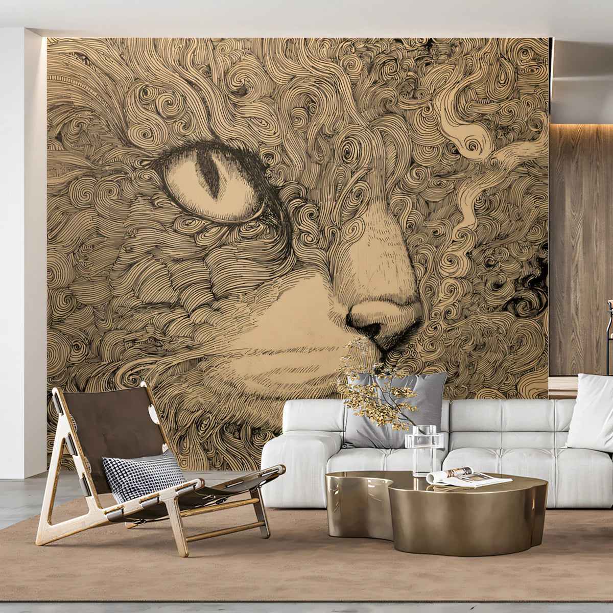 Swirling Feline Portrait Mural Wallpaper — Artistic Ink Line Art Mural Wallpaper - pure wallpaper artwork
