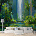 Urban Oasis Mural Wallpaper — Painterly City and Nature Blend Mural Wallpaper - pure wallpaper artwork