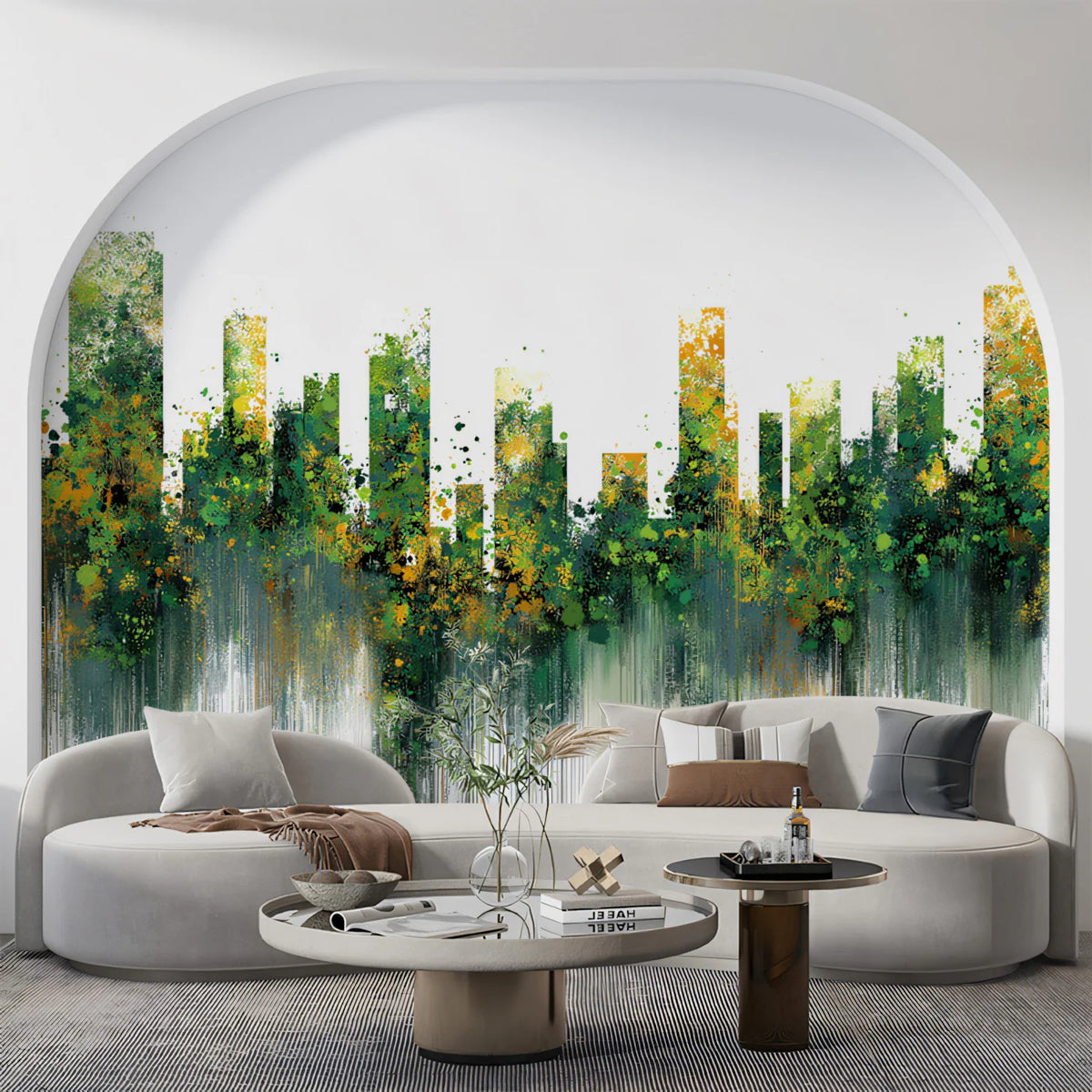 Abstract Urban Cityscape Mural Wallpaper — Artistic Green and Ochre Mural Wallpaper - pure wallpaper artwork
