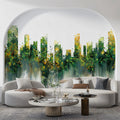 Abstract Urban Cityscape Mural Wallpaper — Artistic Green and Ochre Mural Wallpaper - pure wallpaper artwork