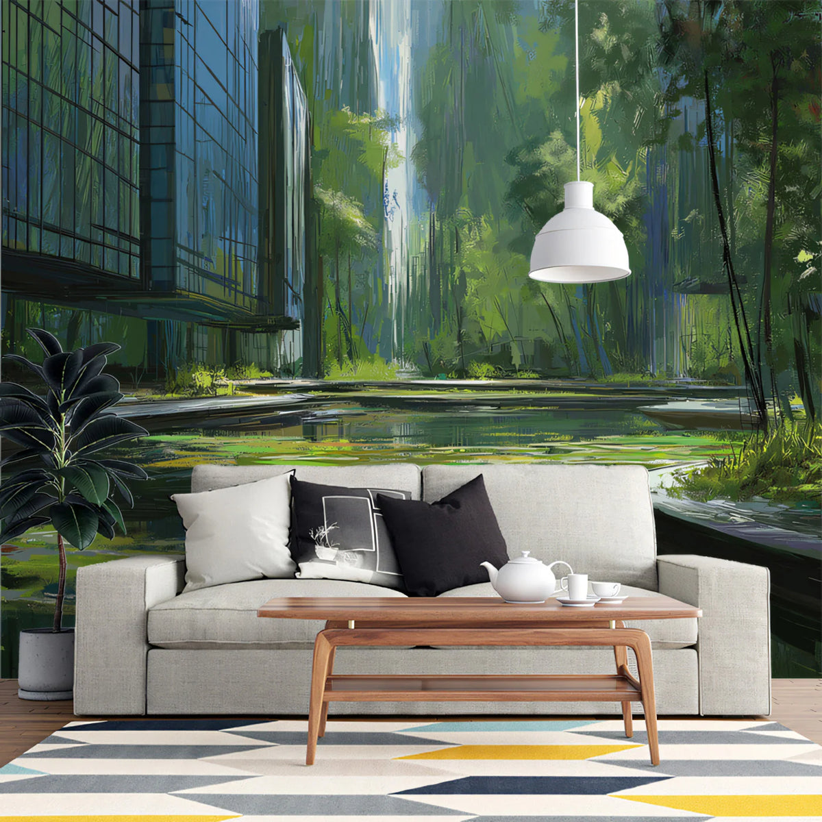 Urban Pond Botanical Mural Wallpaper — Painterly City Landscape Mural Wallpaper - pure wallpaper artwork
