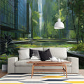 Urban Pond Botanical Mural Wallpaper — Painterly City Landscape Mural Wallpaper - pure wallpaper artwork