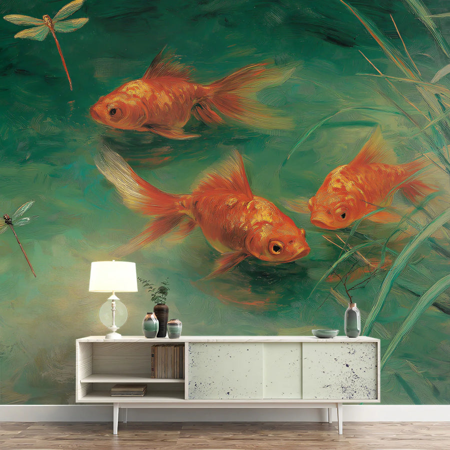 Golden Koi Pond Mural Wallpaper — Oil Painting Style Art Mural Wallpaper