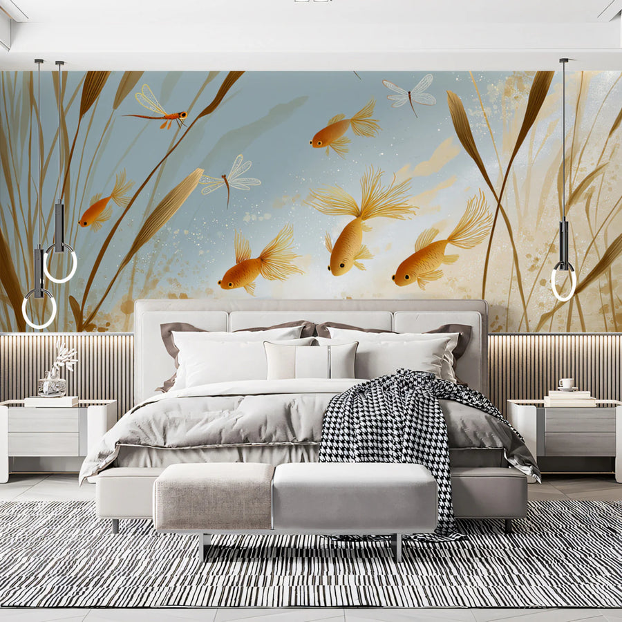 Golden Koi Pond Mural Wallpaper — Whimsical Aquatic Art Mural Wallpaper