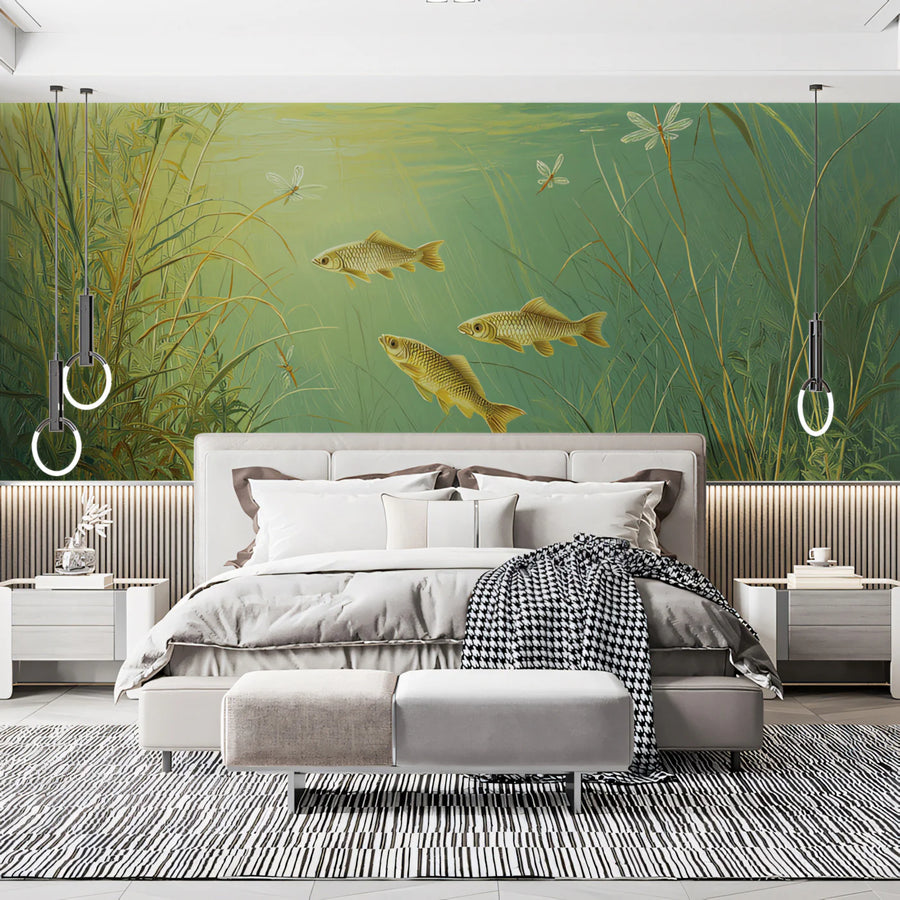 Sunlit Pond Fish Mural Wallpaper — Whimsical Aquatic Art Mural Wallpaper
