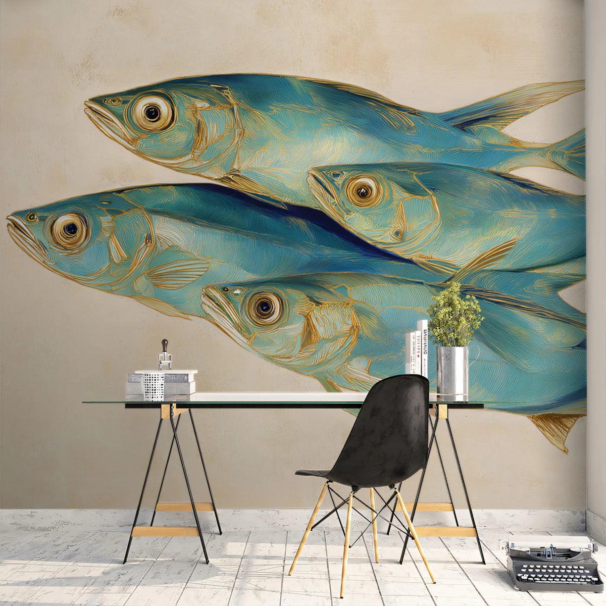 School of Blue Fish Mural Wallpaper — Coastal Artistic Painting Mural Wallpaper - pure wallpaper artwork