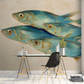 School of Blue Fish Mural Wallpaper — Coastal Artistic Painting Mural Wallpaper - pure wallpaper artwork