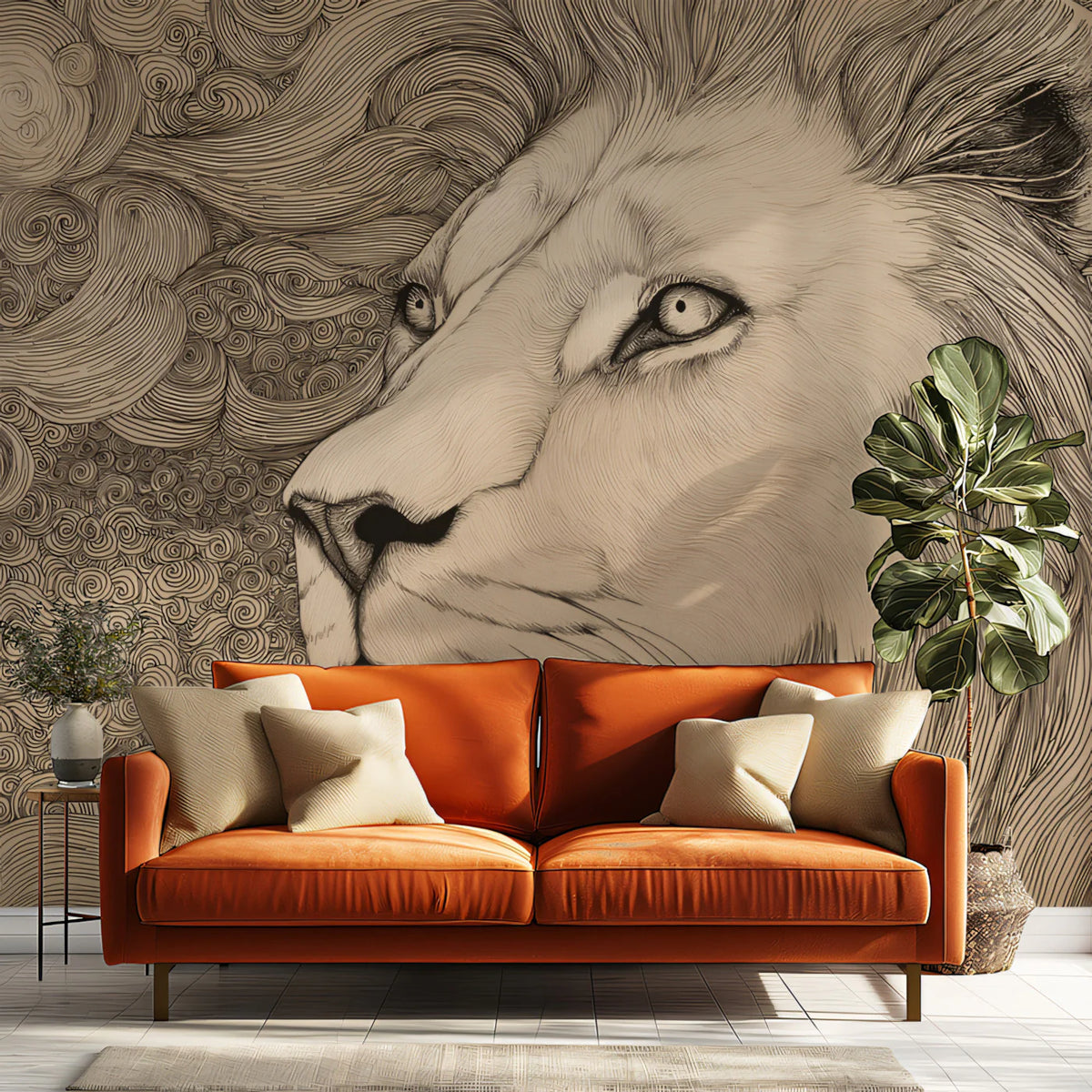 Lion Portrait Line Art Mural Wallpaper — Artistic Sketch Pattern Mural Wallpaper - pure wallpaper artwork