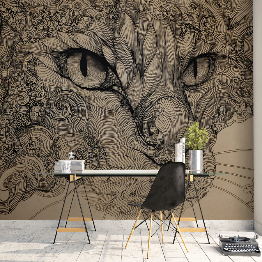 Intense Feline Swirl Mural Wallpaper — Detailed Line Art Sketch Mural Wallpaper