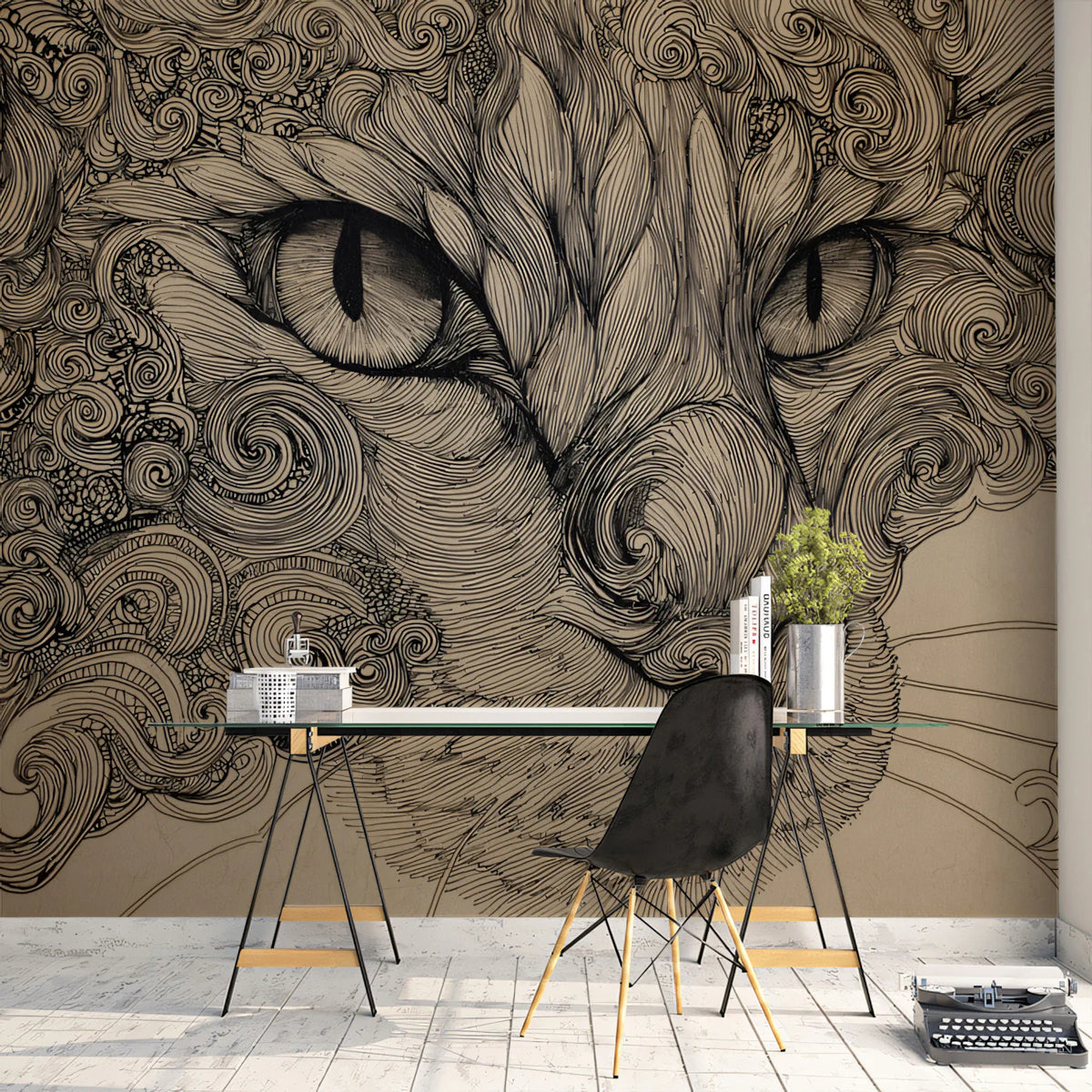 Intense Feline Swirl Mural Wallpaper — Detailed Line Art Sketch Mural Wallpaper - pure wallpaper artwork