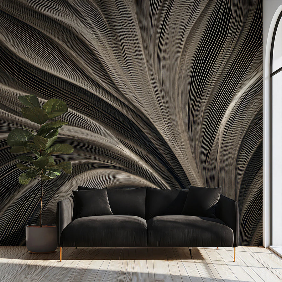 Monochrome Fluid Line Art Mural Wallpaper in Charcoal and Sand Mural Wallpaper