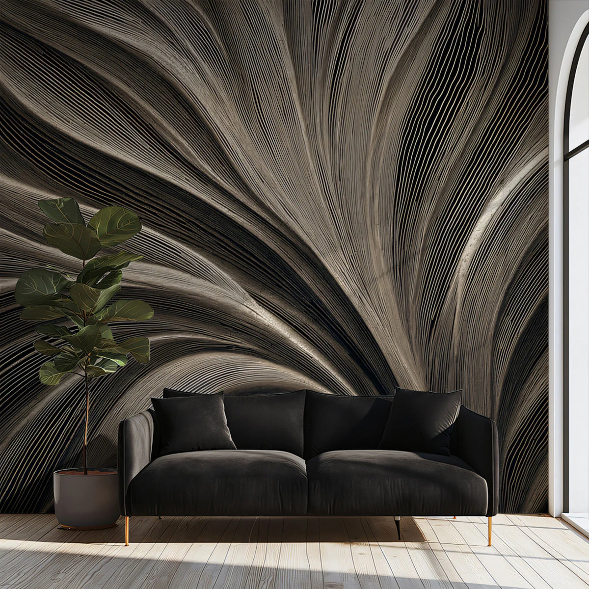 Monochrome Fluid Line Art Mural Wallpaper in Charcoal and Sand Mural Wallpaper - pure wallpaper artwork