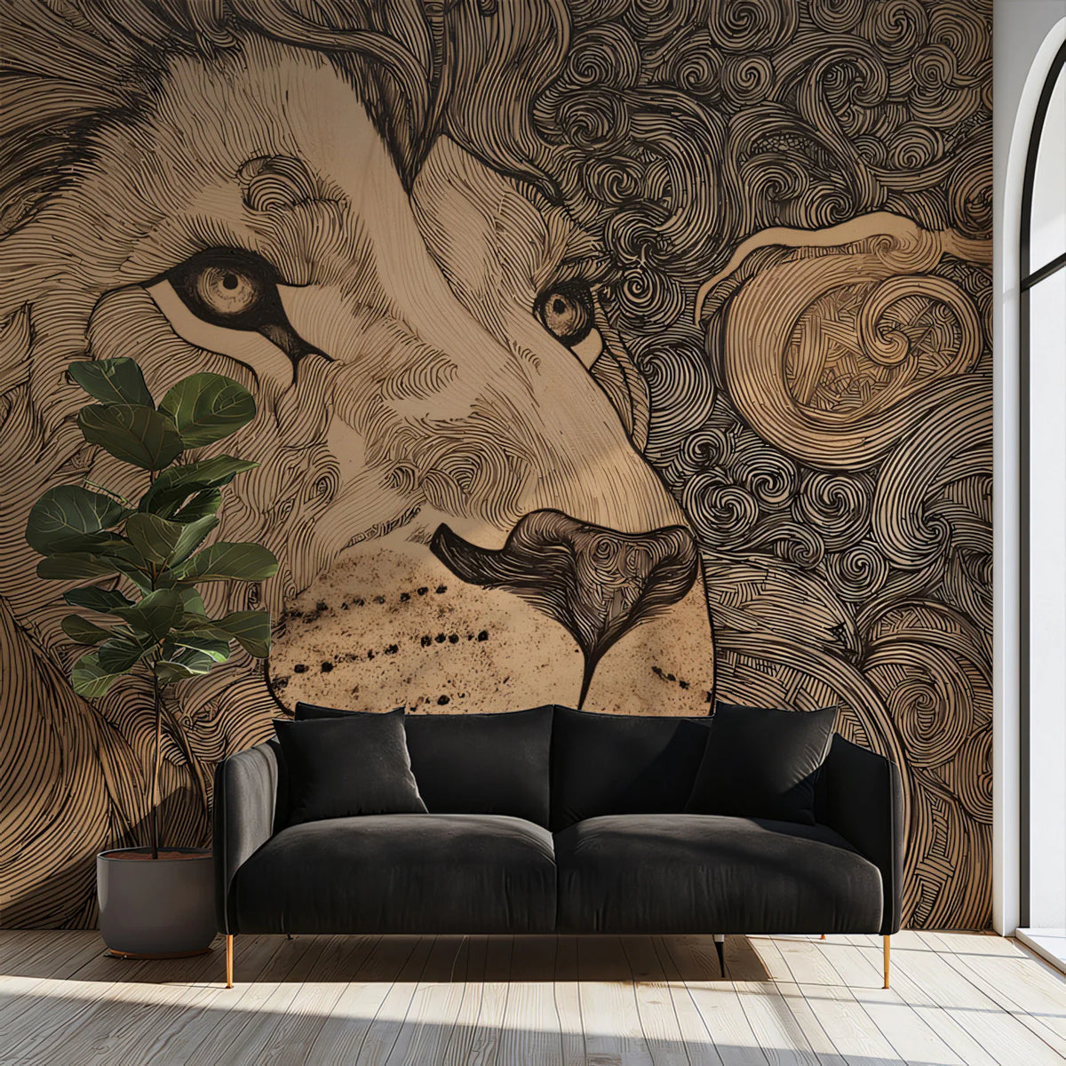 Lion King Line Art Mural Wallpaper — Sophisticated Sketch Design Mural Wallpaper - pure wallpaper artwork
