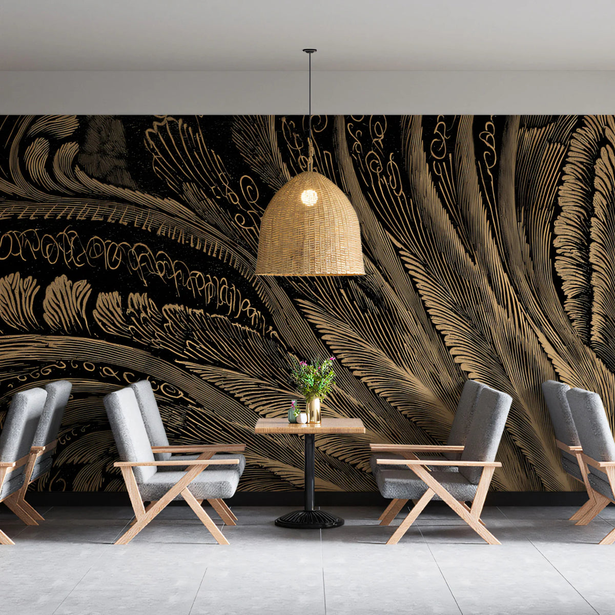 Gilded Feather Abstract Mural Wallpaper — Dramatic Line Art Mural Wallpaper - pure wallpaper artwork