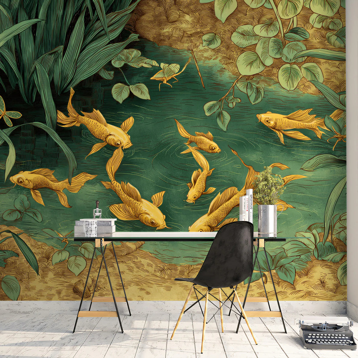 Golden Koi Pond Mural Wallpaper — Traditional Illustration Mural Wallpaper - pure wallpaper artwork