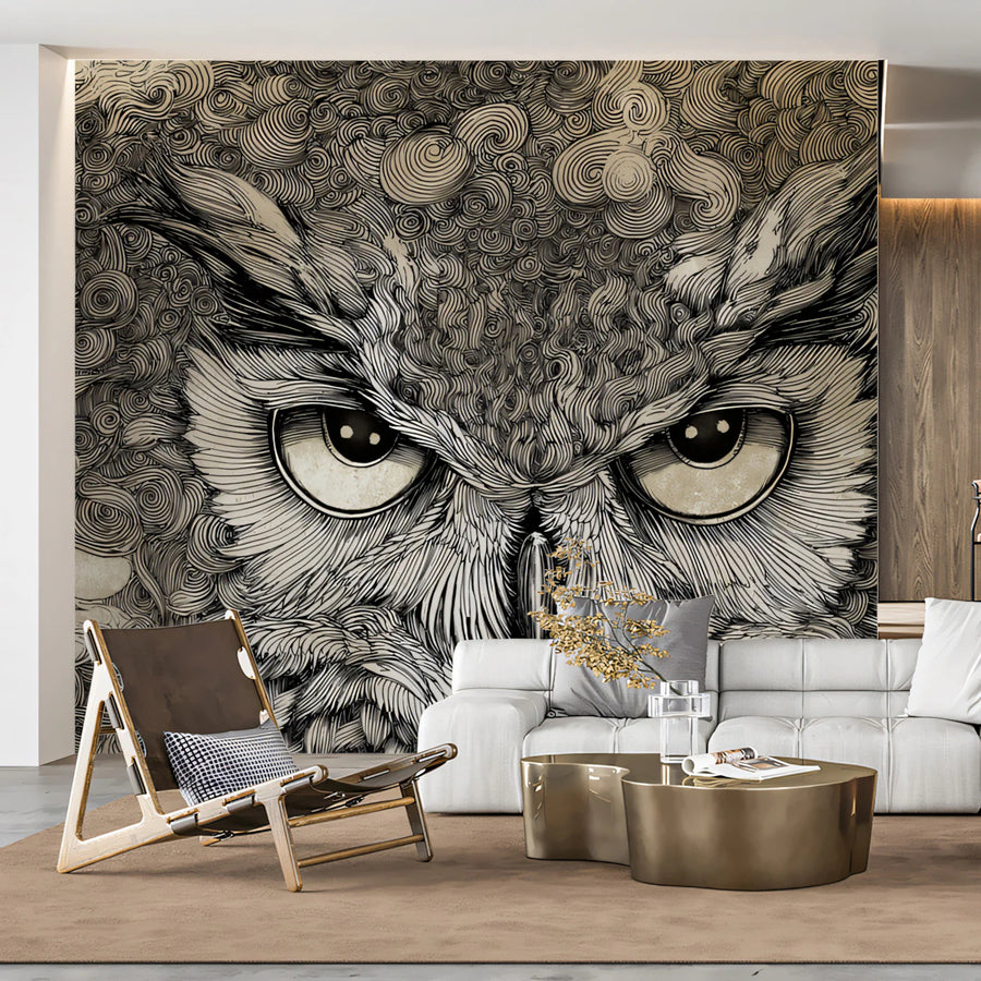 Nocturnal Owl Line Art Mural Wallpaper — Detailed Sketch Design Mural Wallpaper
