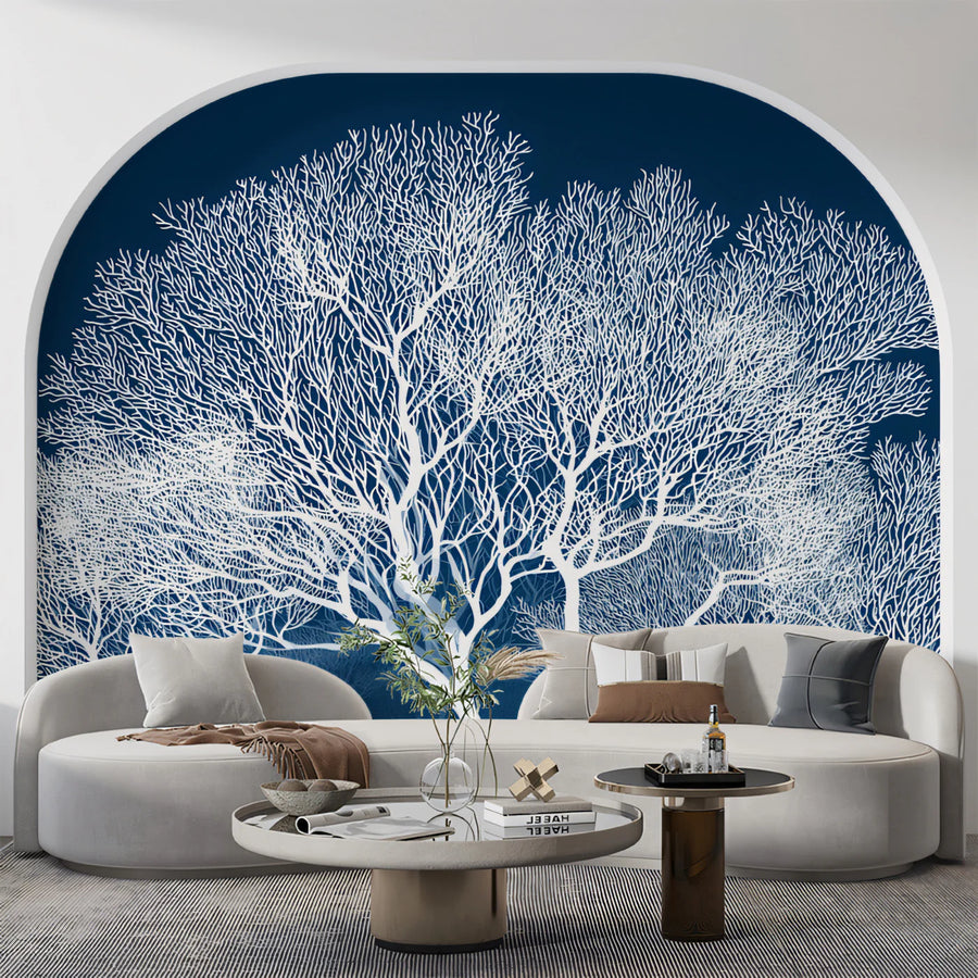 White Coral Reef Mural Wallpaper — Modern Cyanotype Botanical Art Mural Wallpaper
