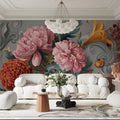 Baroque Floral Chrysanthemum Mural Wallpaper in Soft Pastels Mural Wallpaper - pure wallpaper artwork