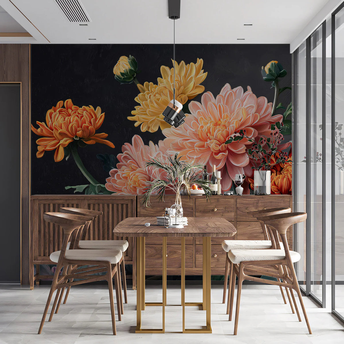 Chrysanthemum Still Life Mural Wallpaper — Painterly Floral Art Mural Wallpaper - pure wallpaper artwork