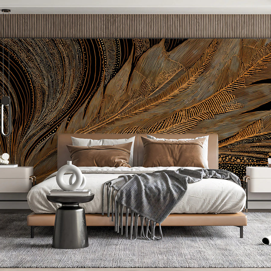 Golden Feather Line Art Mural Wallpaper — Sophisticated Black Design Mural Wallpaper