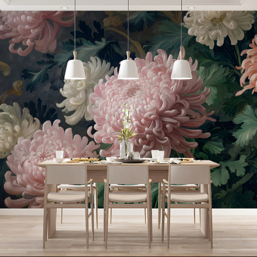 Chrysanthemum Oil Painting Mural Wallpaper — Moody Floral Art Mural Wallpaper
