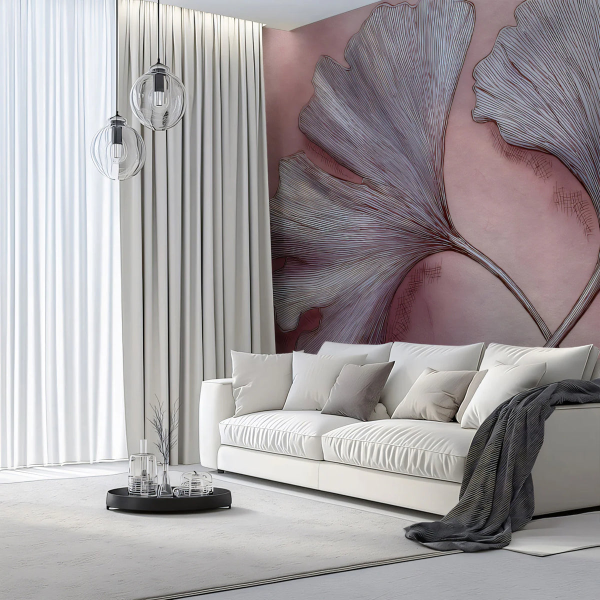 Abstract Ginkgo Leaf Mural Wallpaper — Soft Pink Botanical Art Mural Wallpaper - pure wallpaper artwork