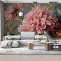 Rococo Chrysanthemum Floral Mural Wallpaper in Dusty Rose and Gold Mural Wallpaper - pure wallpaper artwork