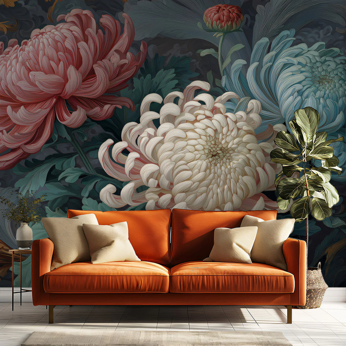 Ornate Chrysanthemum Mural Wallpaper — Moody Floral Art Mural Wallpaper - pure wallpaper artwork