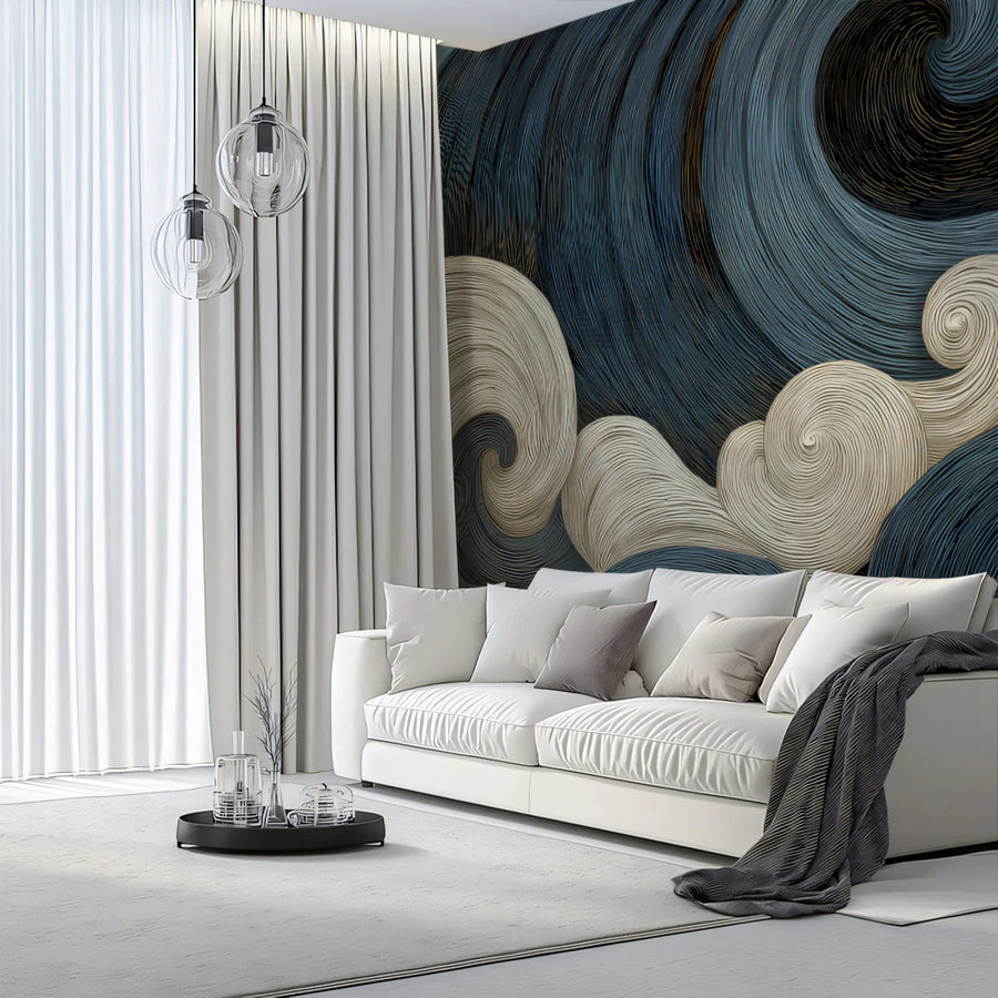 Abstract Swirling Waves Mural Wallpaper — Fluid Monochromatic Art Mural Wallpaper