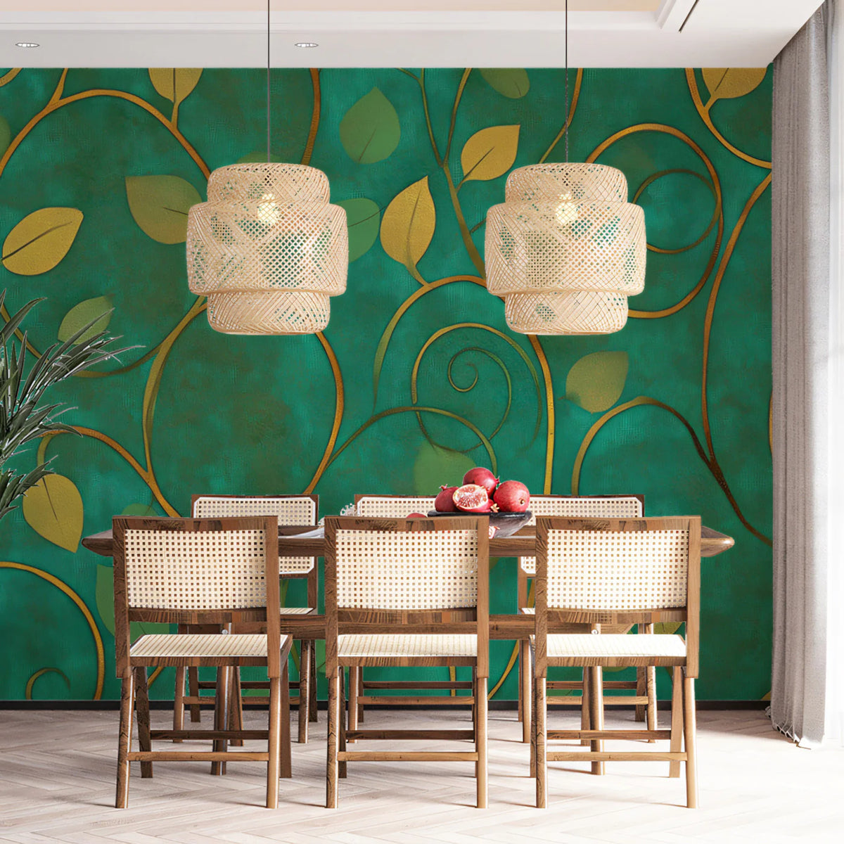 Golden Vine Botanical Mural Wallpaper — Rich Teal and Gold Pattern Mural Wallpaper - pure wallpaper artwork