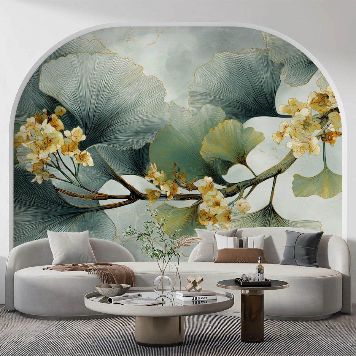 Ginkgo Branch Mural Wallpaper — Artistic Botanical Marble Mural Wallpaper - pure wallpaper artwork