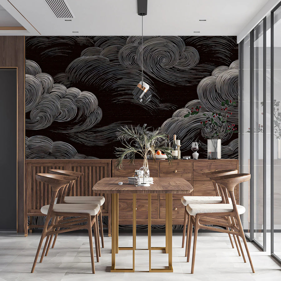 Swirling Monochrome Clouds Mural Wallpaper — Artistic Sky Design Mural Wallpaper
