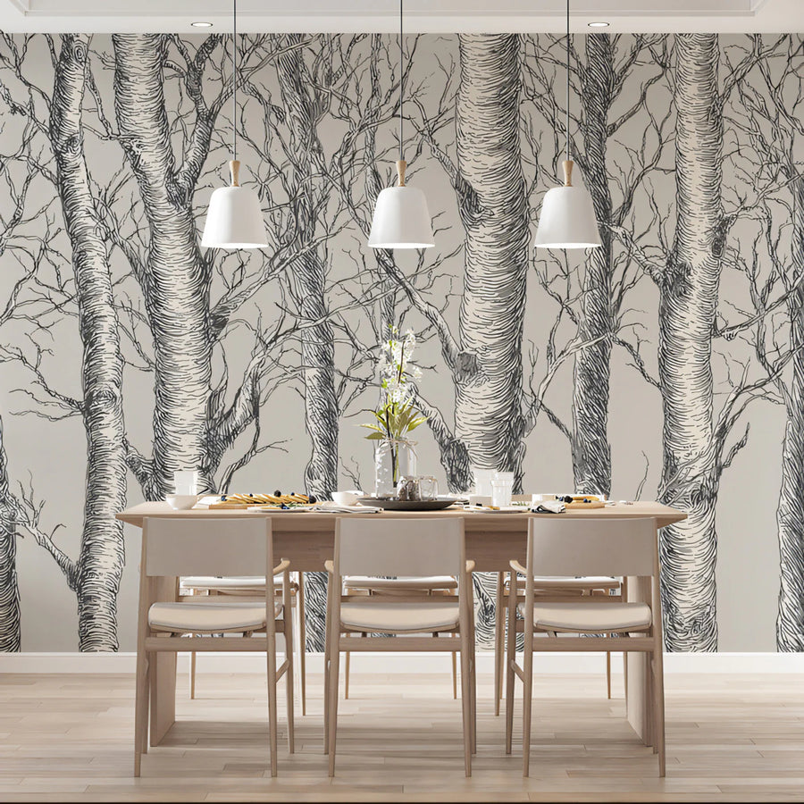 Monochrome Birch Forest Mural Wallpaper — Hand-Drawn Woodland Art Mural Wallpaper