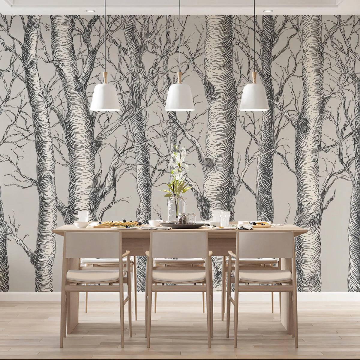 Monochrome Birch Forest Mural Wallpaper — Hand-Drawn Woodland Art Mural Wallpaper - pure wallpaper artwork
