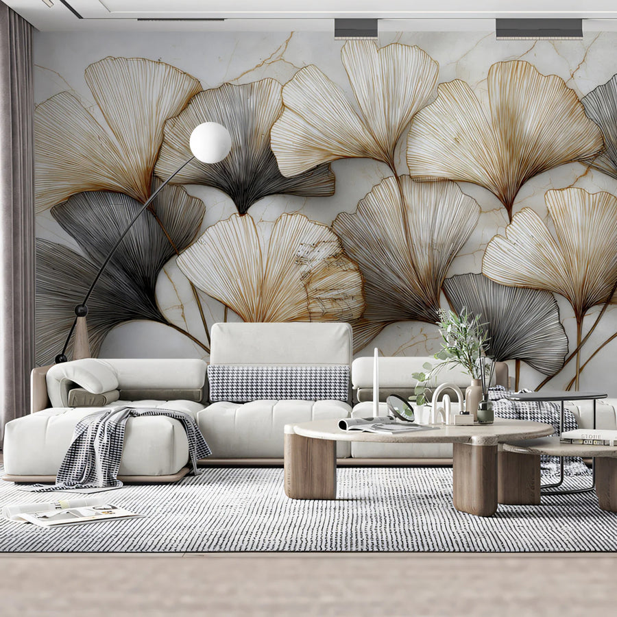 Ginkgo Leaf Line Art Mural Wallpaper — Metallic Gold & Charcoal Mural Wallpaper