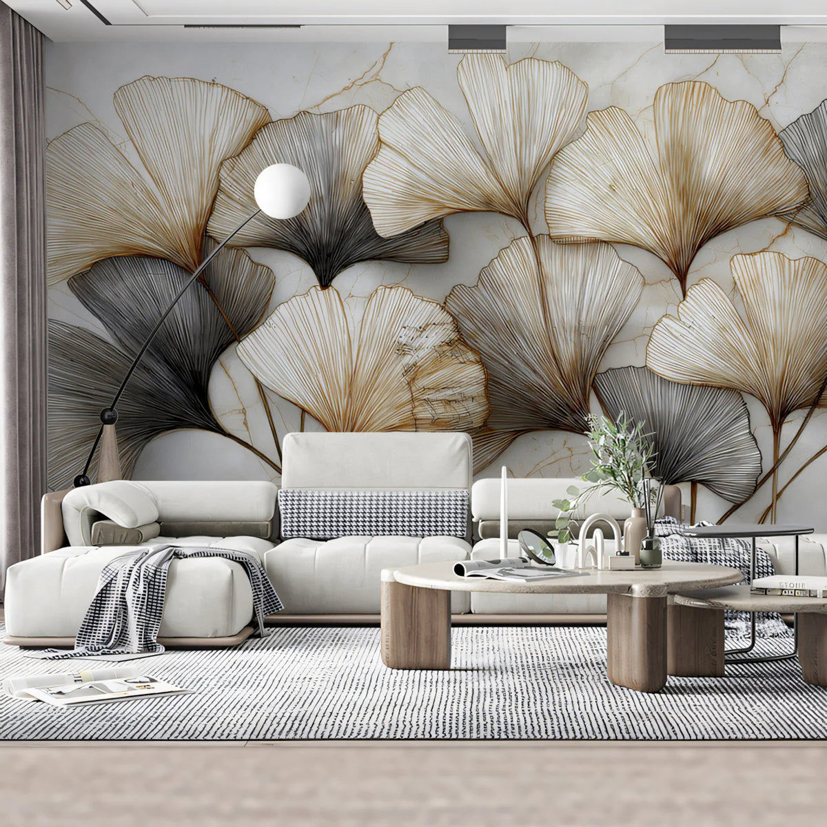 Ginkgo Leaf Line Art Mural Wallpaper — Metallic Gold & Charcoal Mural Wallpaper - pure wallpaper artwork