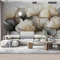 Ginkgo Leaf Line Art Mural Wallpaper — Metallic Gold & Charcoal Mural Wallpaper - pure wallpaper artwork