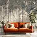 Ink Illustration Birch Forest Mural Wallpaper — Monochrome Woodland Mural Wallpaper - pure wallpaper artwork