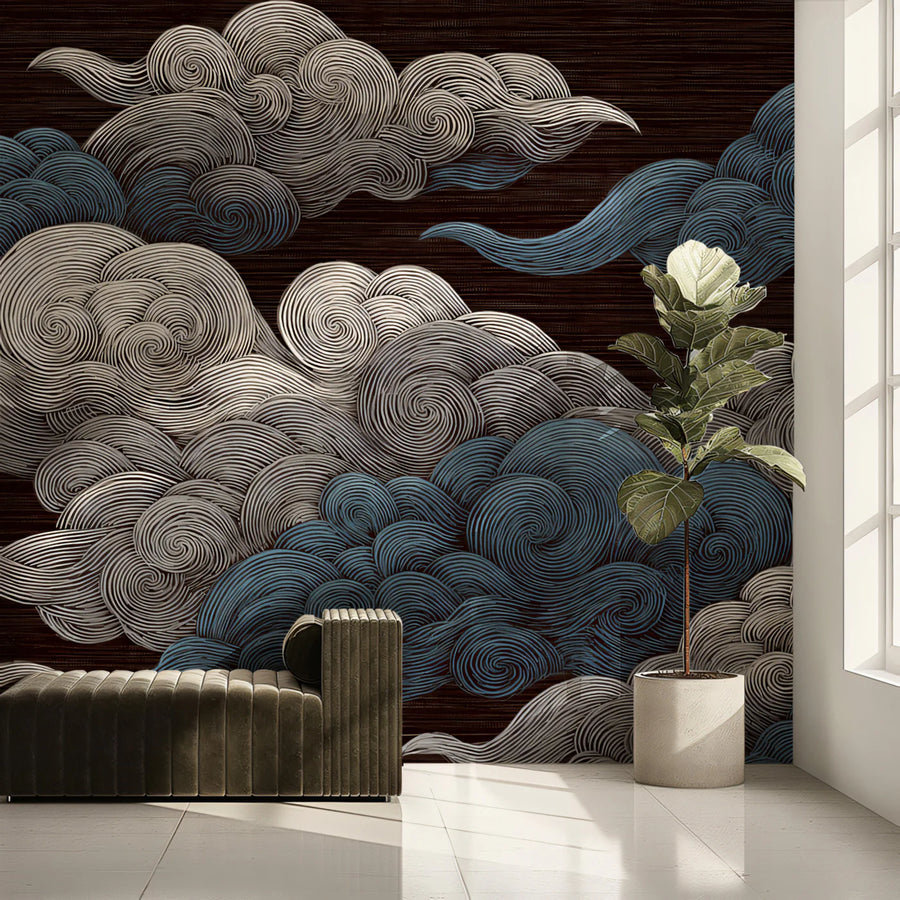 Swirling Cloud Mural Wallpaper — Ink-Style Sky Illustration Mural Wallpaper
