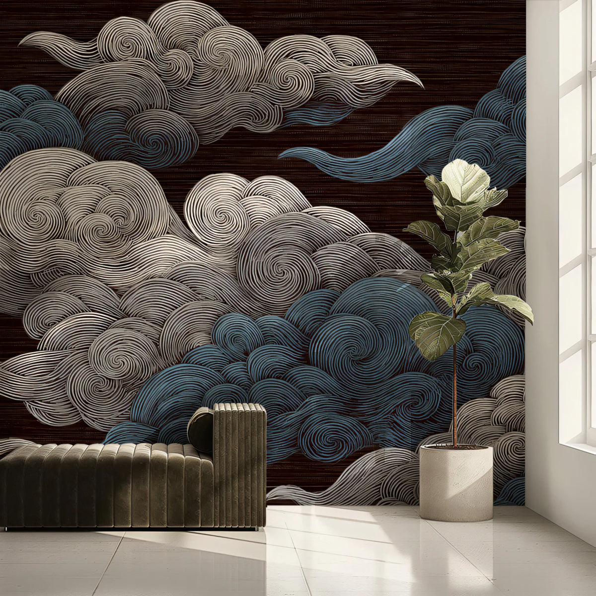 Swirling Cloud Mural Wallpaper — Ink-Style Sky Illustration Mural Wallpaper - pure wallpaper artwork