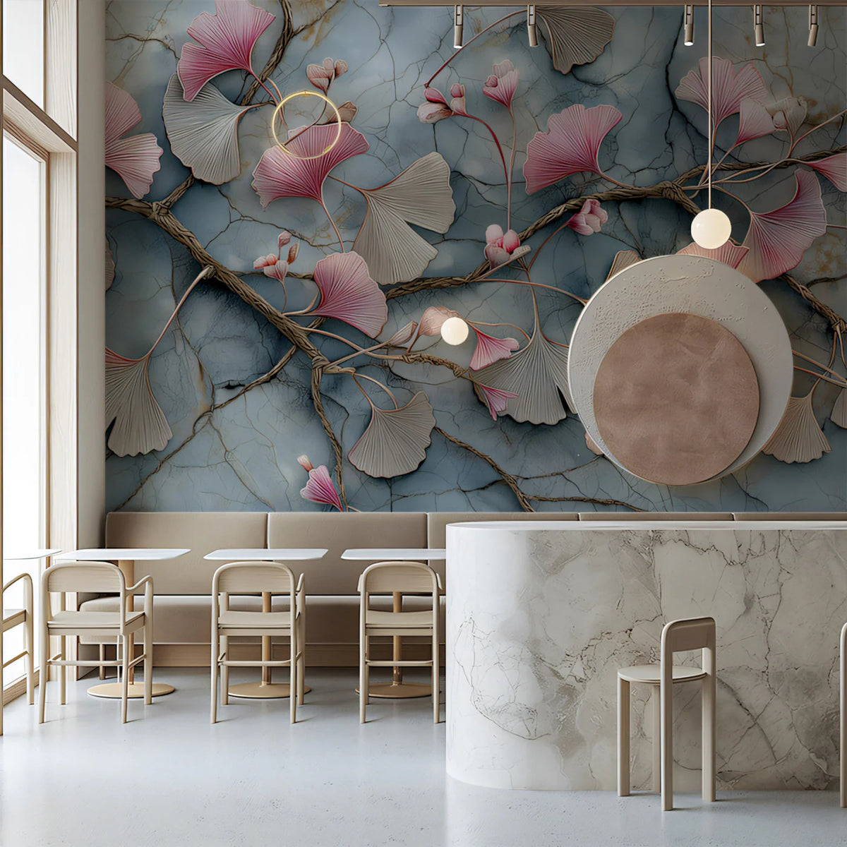 Ginkgo Branch Mural Wallpaper with Marbled Blue and Pink Tones Mural Wallpaper - pure wallpaper artwork