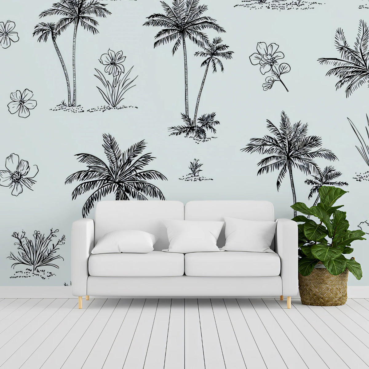 Coastal Palm Sketch Mural Wallpaper — Modern Minimalist Tropical Mural Wallpaper - pure wallpaper artwork