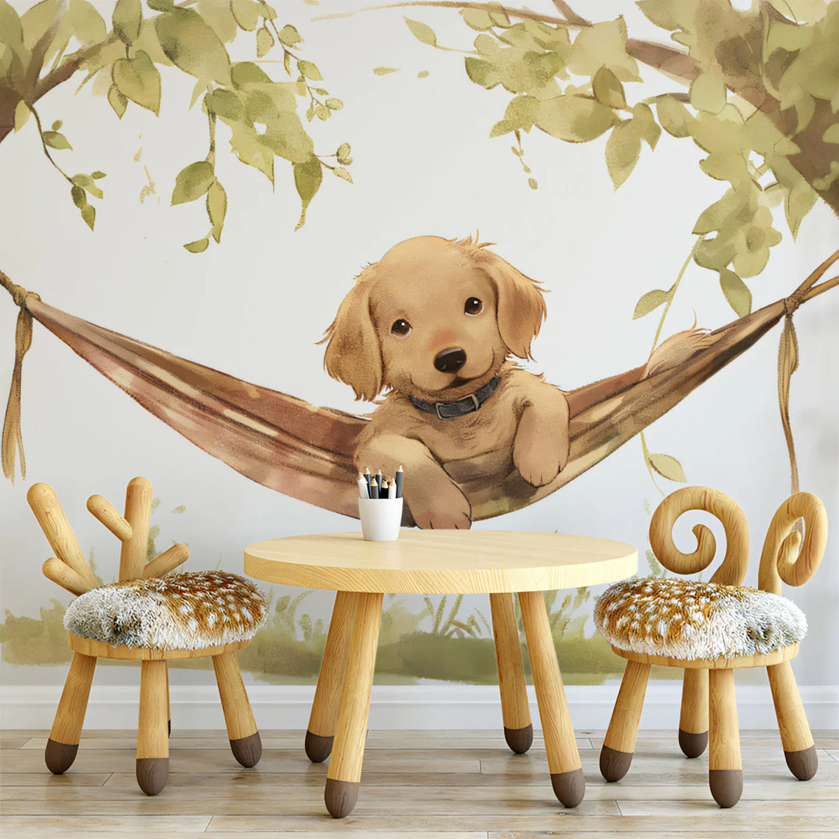 Golden Retriever Puppy in Hammock Mural Wallpaper — Whimsical Art Mural Wallpaper - pure wallpaper artwork