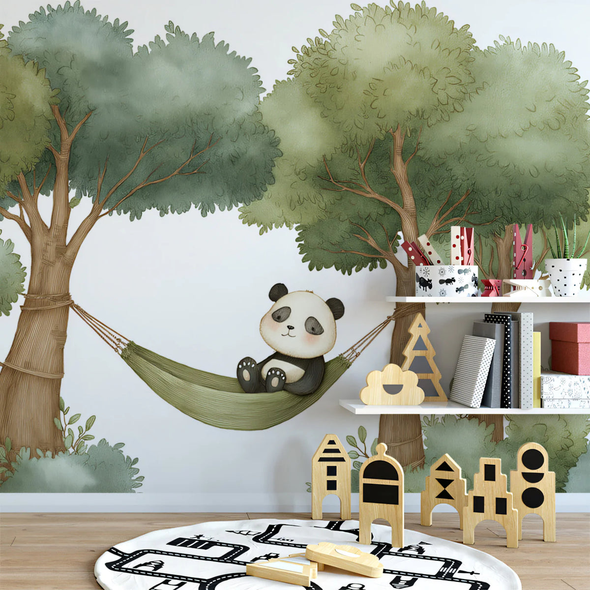 Resting Panda in Hammock Mural Wallpaper — Whimsical Woodland Scene Mural Wallpaper - pure wallpaper artwork