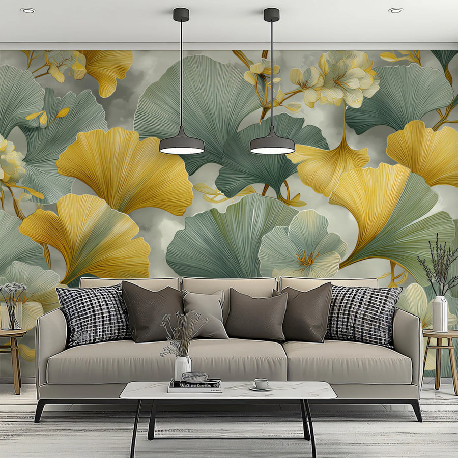 Abstract Ginkgo & Floral Mural Wallpaper in Ochre and Sage Mural Wallpaper