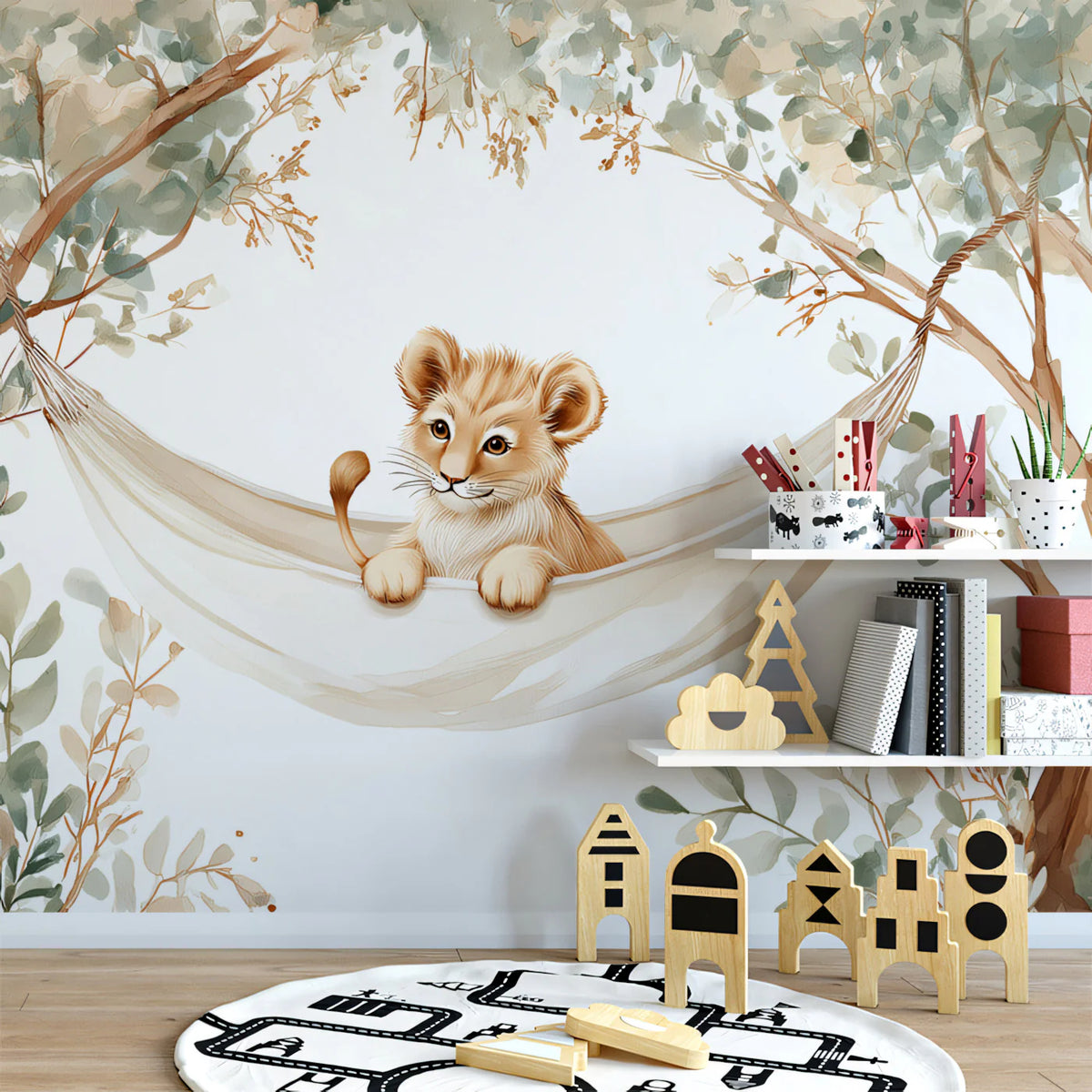 Lion Cub Hammock Mural Wallpaper — Whimsical Safari Scene Mural Wallpaper - pure wallpaper artwork