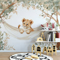Lion Cub Hammock Mural Wallpaper — Whimsical Safari Scene Mural Wallpaper - pure wallpaper artwork