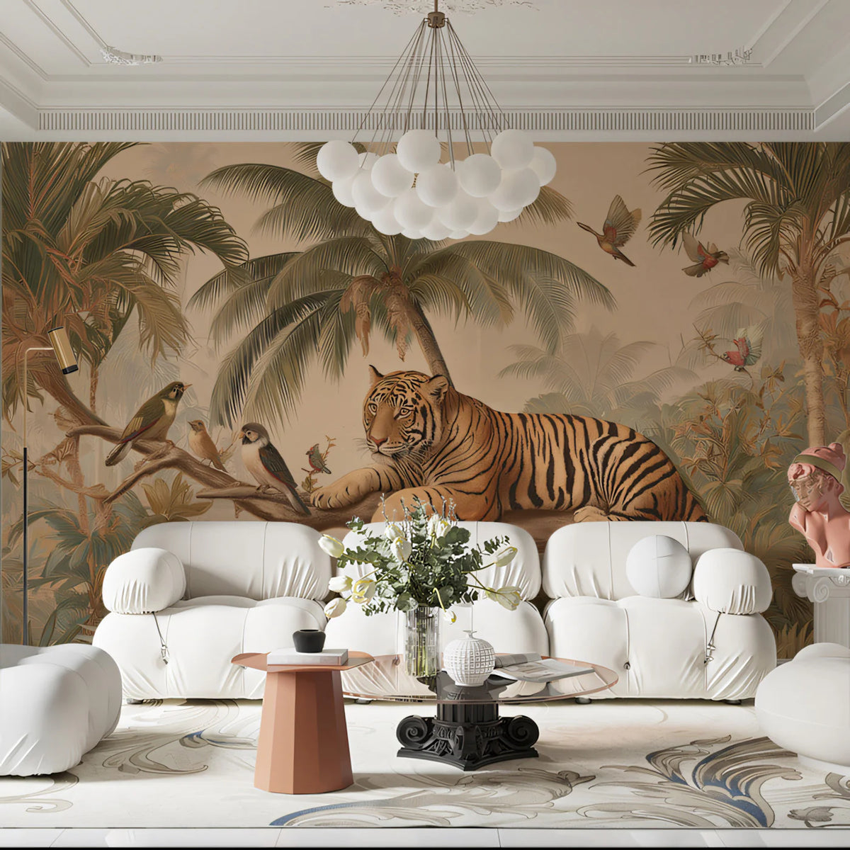 Tiger in Tropical Jungle Mural Wallpaper — Vintage Safari Illustration Mural Wallpaper - pure wallpaper artwork