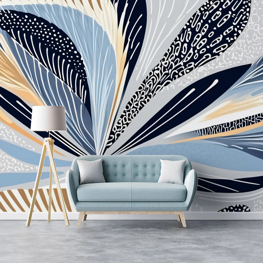 Abstract Botanical Mural Wallpaper — Modern Blue and Ochre Floral Mural Wallpaper